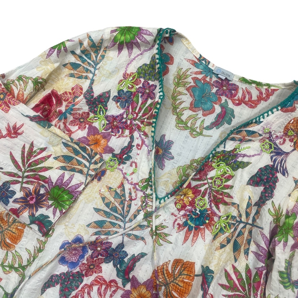 Bluma Small Medium Exotic Silver thread Tunic‎ Floral Beaded (one loose thread)